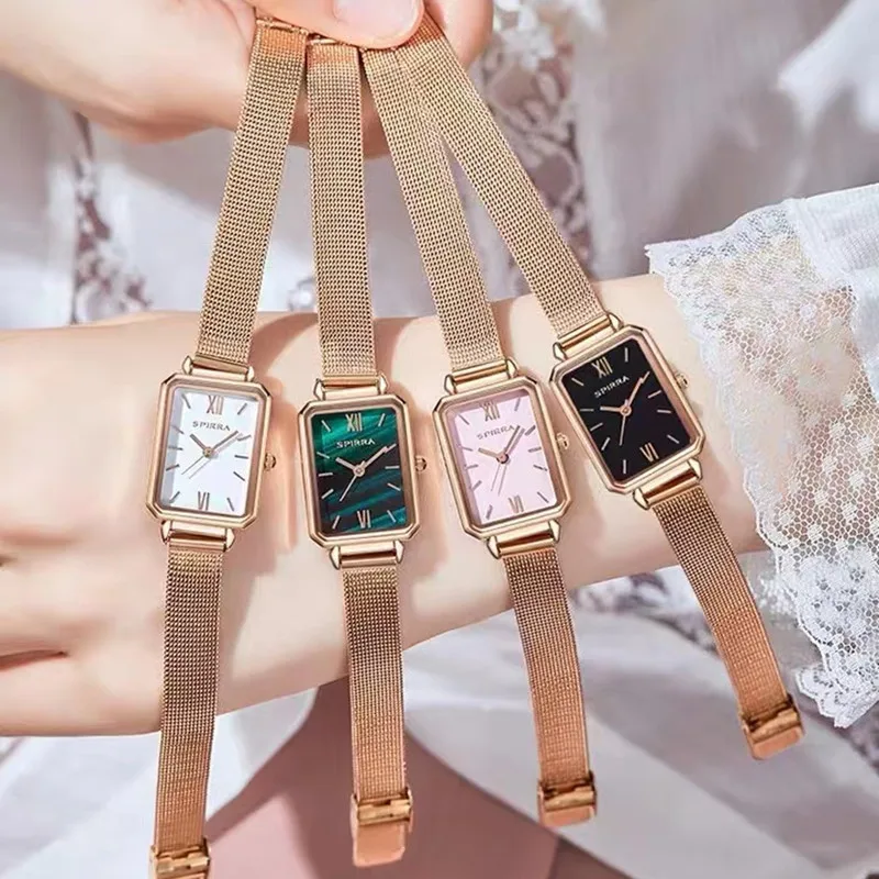 Galaly Square Quartz Watch & Bracelet Set — Rose Gold Mesh, Green Dial