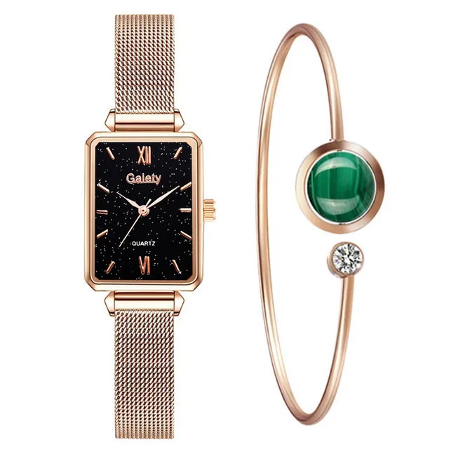 Galaly Square Quartz Watch & Bracelet Set — Rose Gold Mesh, Green Dial