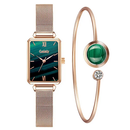 Galaly Square Quartz Watch & Bracelet Set — Rose Gold Mesh, Green Dial
